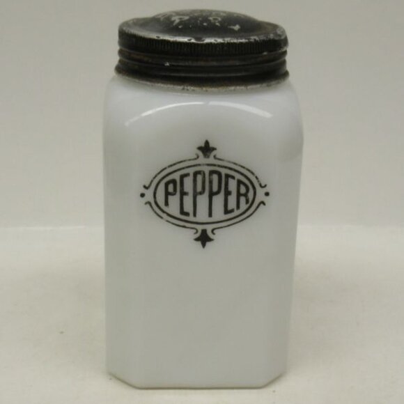 McKee White Glass BLACK SHIELD 4 1/2 Inch High PEPPER Shaker, Original Metal Lid - Picture 1 of 4